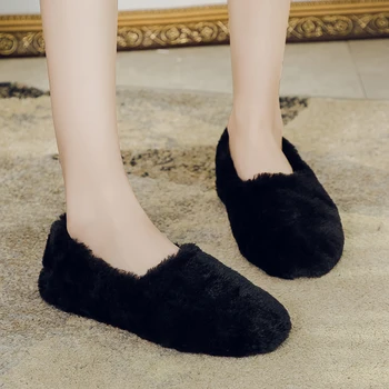 

Plus Size 35-55 Nice New Women Thick Fur Flats Winter Black Khaki White Shoes Woman Flat Heels Young Girls Soft Lazy Loafers