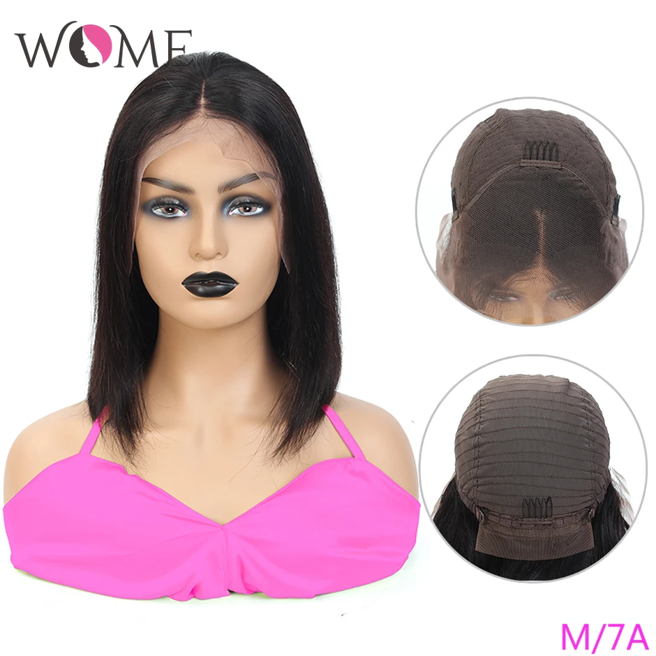 WOME Peruvian Straight Short Bob Wigs Pre Plucked 13x4 Lace Front Human Hair Wigs For Women 150% Medium Ratio 13X4 Lace Remy Wig