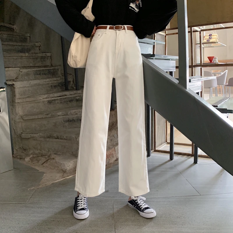 Женские джинсы с высокой талией, корейский стиль, Harajuku, джинсовые, одноцветные, с карманами, прямые, для студентов, белые, черные, подходят ко всему, длинные, для женщин, s