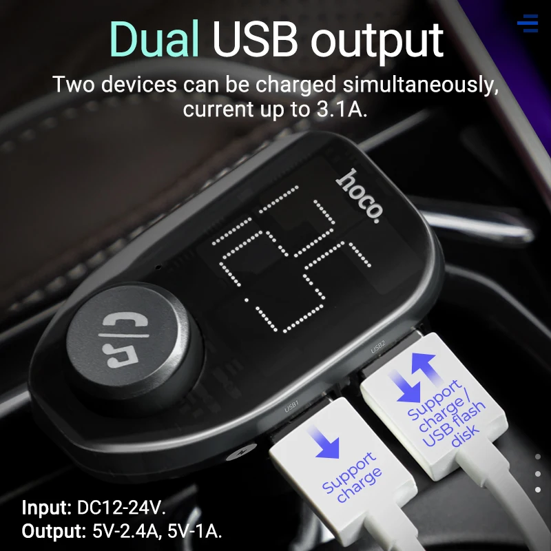 hoco автомобильное зарядное устройство беспроводной FM передатчик MP3 плеер дисплей напряжения два USB выхода поддержка TF карт USB диск флешка адаптер для зарядки в автомобиль зарядник юсб в машину зарядка в авто