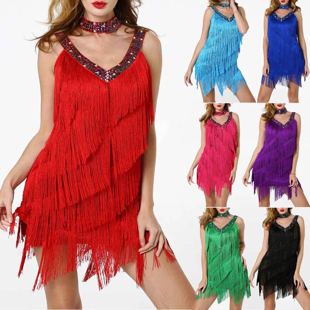 Женское платье с глубоким v образным вырезом блестками и бисером бахромой для