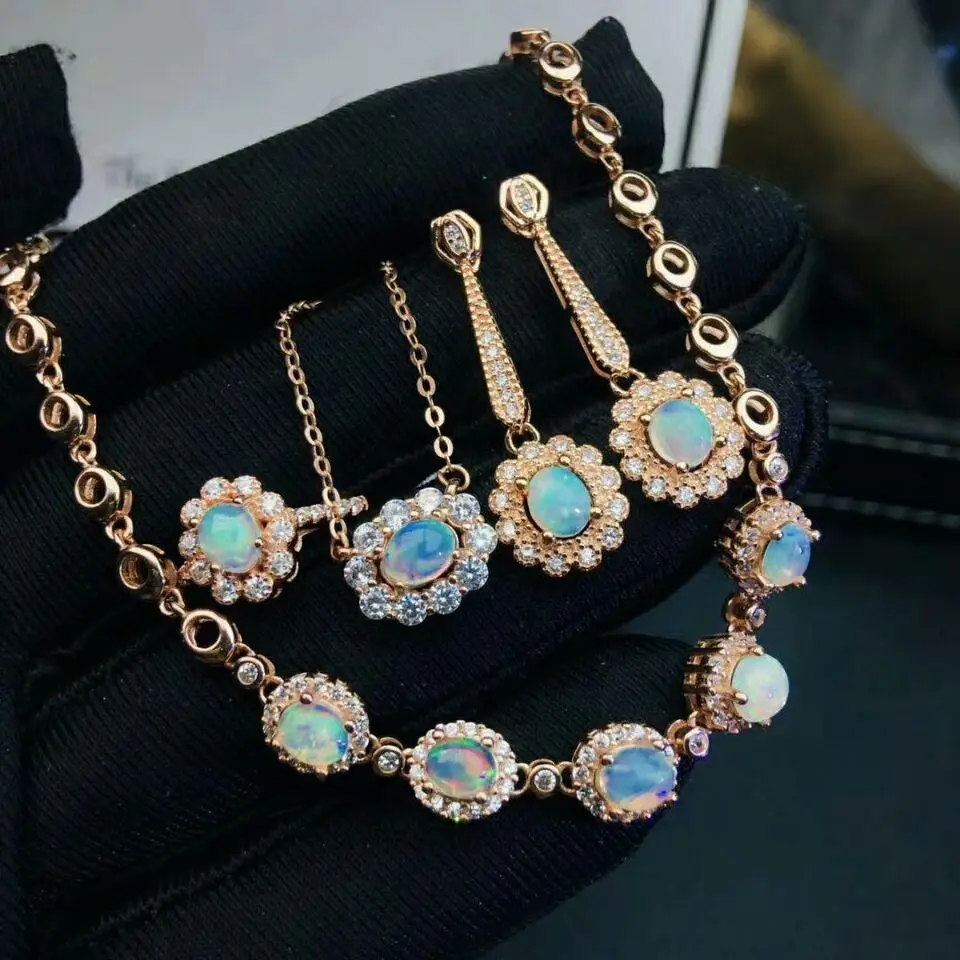 Rose gold plated MeiBaPJ натуральный опал драгоценный камень серьги кольцо ожерелье и браслет для женщин Настоящее серебро 925 проба комплект ювелирных изделий - Цвет камня: Rose gold plated