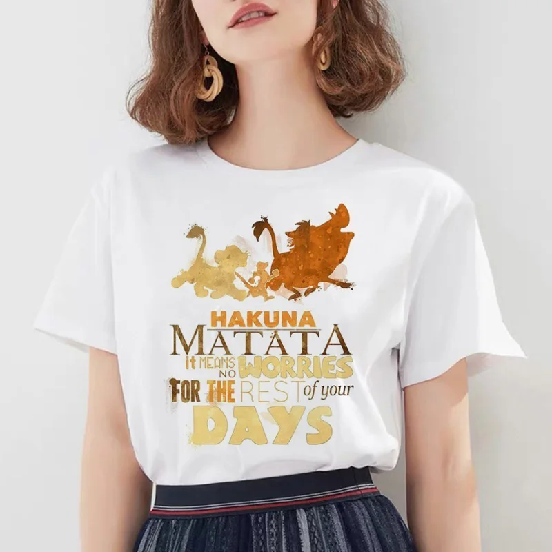 Модные женские футболки Hakuna Matata Kawaii с принтом, футболка с героями мультфильмов, большие размеры, милые топы, свободные белые футболки с круглым вырезом - Цвет: W218-White