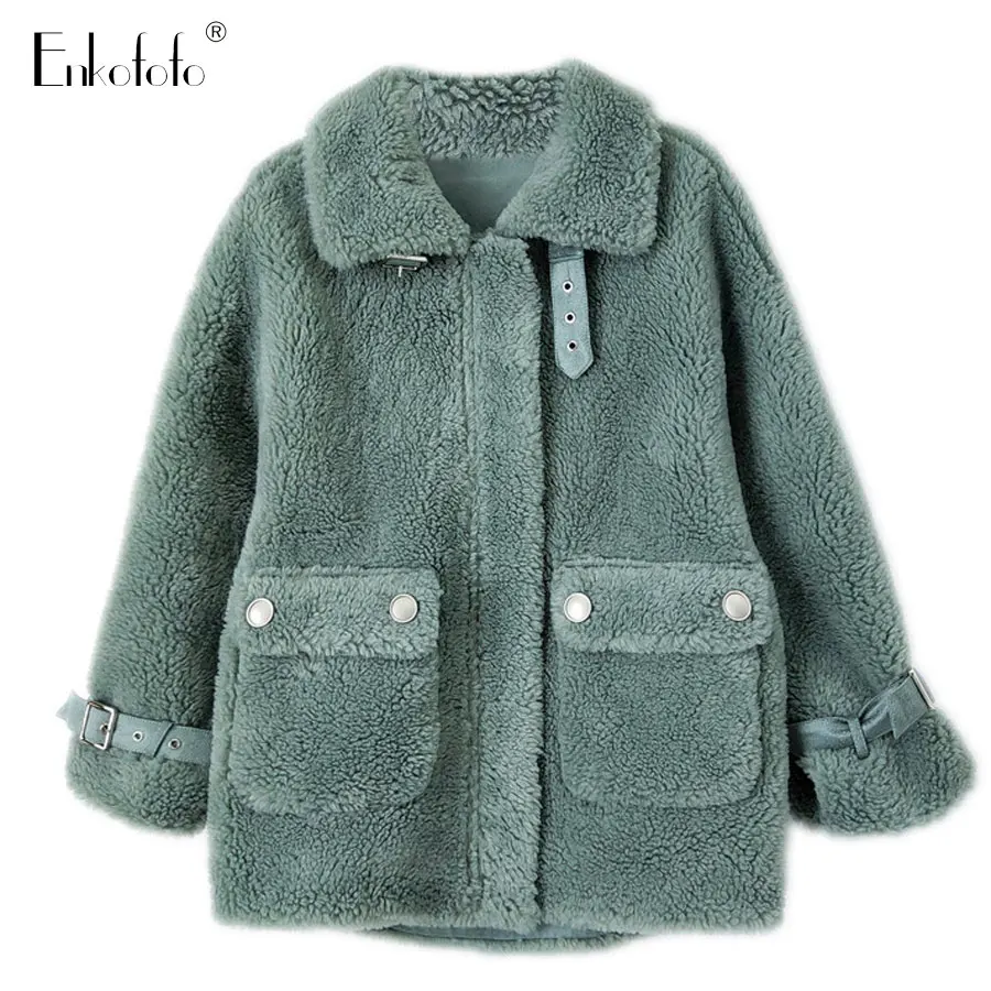 

2019 Fashion Natural Wool Blends Jacket Buttons Zipper Soft Warm Loose Real Genuine Fur Coat Women Winter Real Sheep Fur Coat