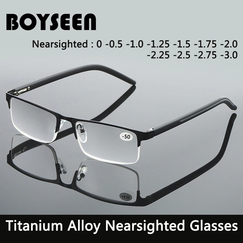 Myopia glasses BOYSEEN Titanium alloy Nearsighted Glasses Non spherical 12 Layer Coated Minus lenses Business Myopia Eyeglasses-0.5-1.0-1.25