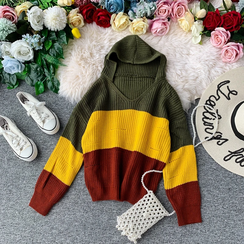 

Women's knitting Hoodies Striped Knit Sweatshirts Patchwork Hooded Woman Loose Hoodie Japan Style Girls Tops LS194
