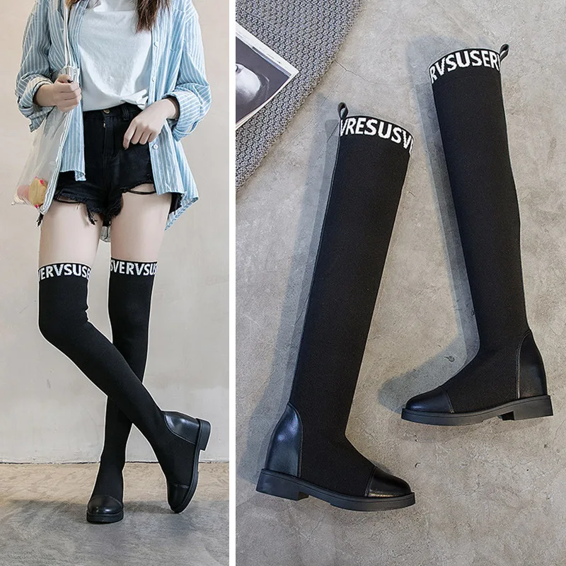 

Genuine Leather over-the-Knee Boots Children 2019 New Style Korean-style INS Hight-top Elevator Thigh Boot Women's Lettered Flat