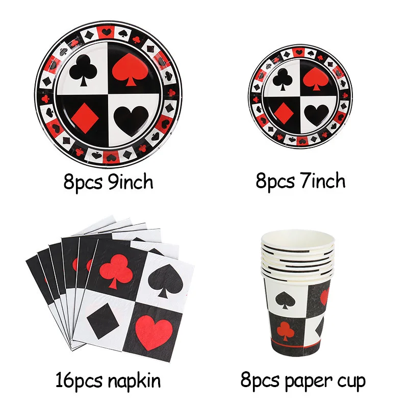WEIGAO, покерные принадлежности для тематической вечеринки, бумажная салфетка под тарелку кружку, черные, красные воздушные шары, казино, вечерние украшения, принадлежности для дня рождения в Лас-Вегасе - Цвет: 8 guests sets