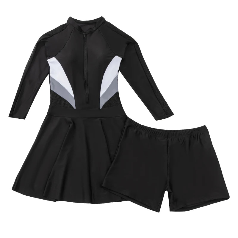 XL-6XL Plus Size Tankini Swimsuit Swimdress Black Sport Long Sleeve Swimwear with Shorts Two Pieces Conservative Swim Suits Bath