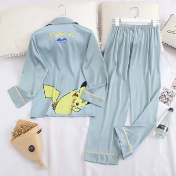 

2020 Cartoon Printing Women Pajamas Set Long Sleeve Pink Satin Sleep Suit Female 2 PCS Shirt&Pant Casual Loose Home Clothes