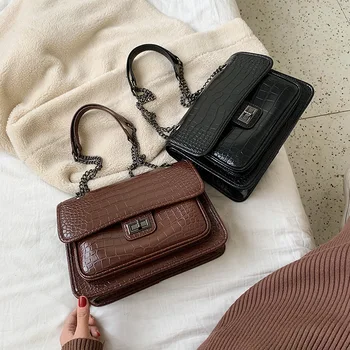 

Large capacity bag female 2020 new crocodile pattern shoulder bag black chain messenger bag temperament commute handbag XC010302