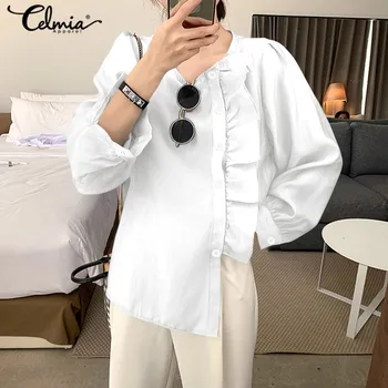 

Oversized Tops Celmia Women Ruffles Long Lantern Sleeve Stylish Blouse O-neck Casual Loose Buttons Office Shirts Ruffles Blusas