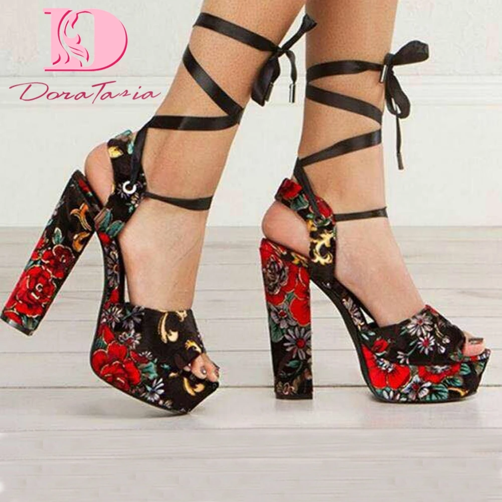 

Doratasia 2020 dropship sexy big size 43 block high heels print platform women ankle-wrap customized sandals summer shoes woman