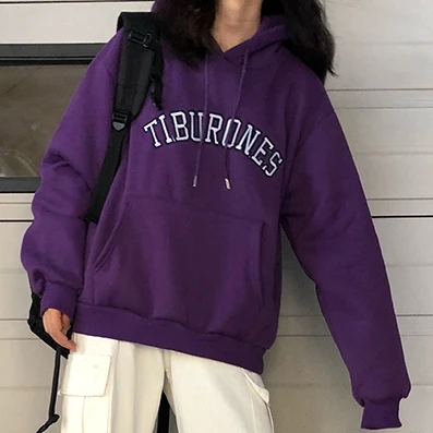 Осень, зимняя женская толстовка, harajuku, Корейская одежда, модная, с вышитыми буквами, с карманами, для друзей, большие размеры, толстовки для женщин - Цвет: Фиолетовый
