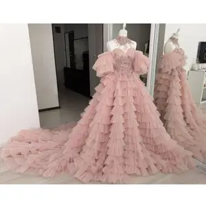 Роскошное Пышное длинное платье с открытыми плечами, гофрированное Многоярусное платье для выпускного вечера, Длинное Пышное розовое платье со шлейфом