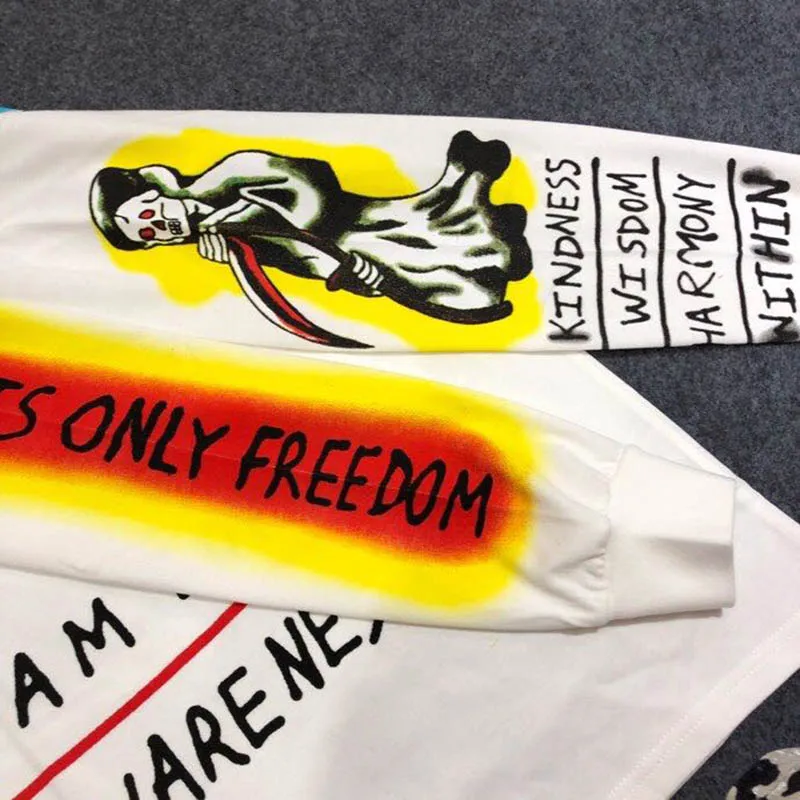Длинная футболка KANYE WEST футболка с длинными рукавами и граффити, ручная роспись, рисунок птицы Свободная Повседневная хлопковая Футболка Harajuku с круглым вырезом
