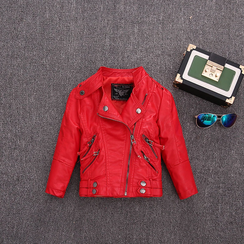 Girls Leather Jackets New Children's Autumn Winter Plus Velvet Coats Korean Kids Pu Leather Collar Zipper Fashion Coats