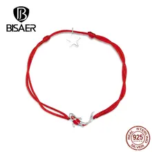 BISAER Lucky Fish браслет для женщин 925 пробы серебряные ювелирные изделия Регулируемые красные веревки Роза эмаль браслеты Bijoux HSB145