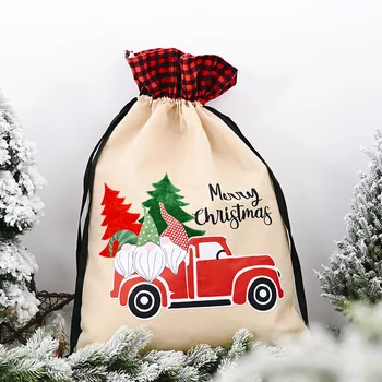 

2020 Christmas Linen Storage Gift Bag Sack Christmas Forest Old Man Car Gift Bag with Drawstring Present Bag for Wedding Party