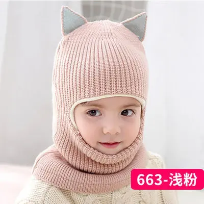 Emmababy new baby girl Balaclava Mask Fur hat winter Wool warm velvet Beanies Knitted Cap Kids pompom Gorras - Color: Pink