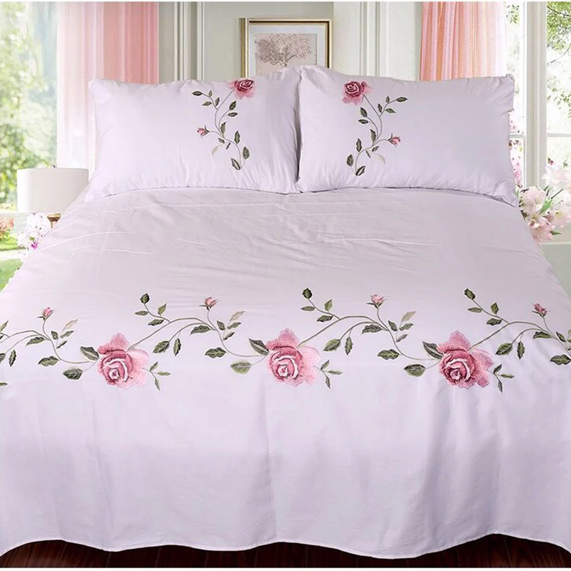 WOSTAR Rose flora embroidery design flat bed sheet solid colour cotton twill linen bedding luxury home textiles queen king size 3