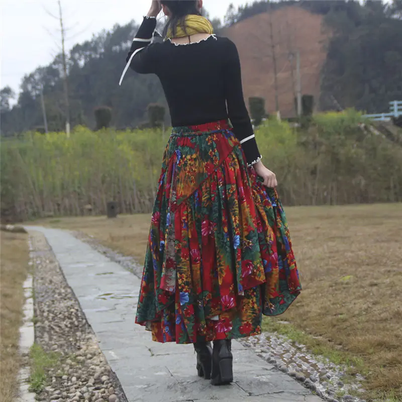 Ethnic Trend Flower Print Long Cotton Linen Skirt 2
