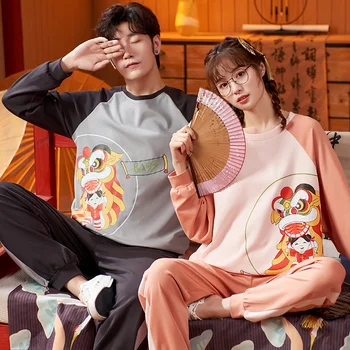 

Autumn Winter Couple Pyjamas Cotton Pajamas Set Women Cute Crayon Shin-chan Sleepwear Casual Keep Warm Mujer Pyjamas Home Suit