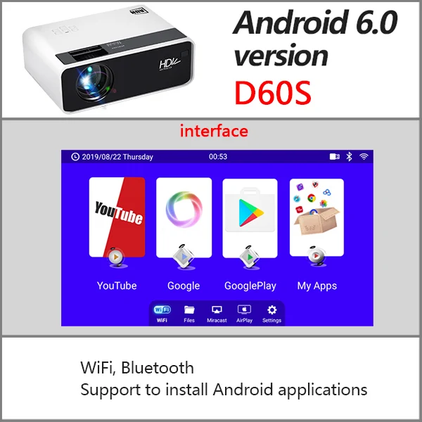 D60S AUN светодиодный HD проектор D60, разрешение 1280x720 P, поддержка 3D видео проектор, домашний кинотеатр, опционально Android wifi Proyector D60S - Цвет: D60S