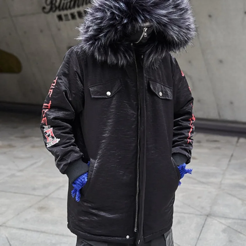 

US Size 2019 Winter Warm Parkas Men Fashion Hip Hop Lightning Print Coats Fur Hooded Thick Warm Jacket Coat Harajuku Male DG400