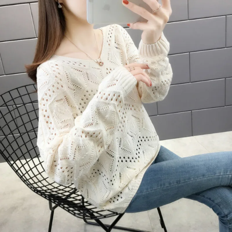 

2020 Korean Fashion Plus Size Womens Knitted Sweaters Spring Long Sleeve V-neck Cutout Loose Pullover Thin Ropa Casual Mujer New