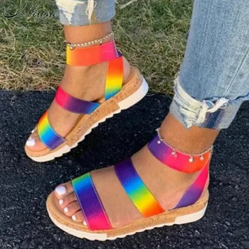 

Women Summer Ankle Strap Sandals Rainbow Color Platform Wedges Heel Peep Toe Fashion Casual Beach Ladies Shoes Zapatos De Mujer