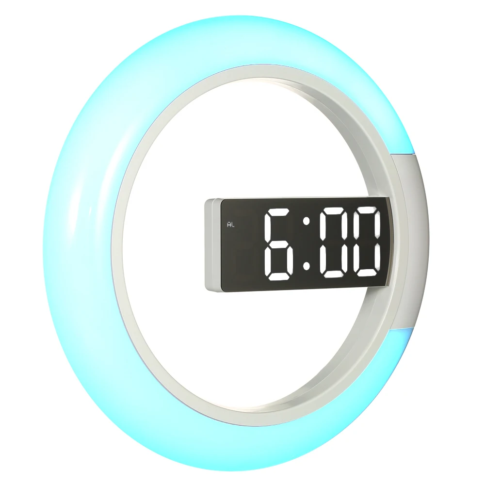 

Hot New Digital Wall Clock Color Light Round Clock Mirror Temperture LED Alarm Clockwith Snooze Function USB 12H/24H Display