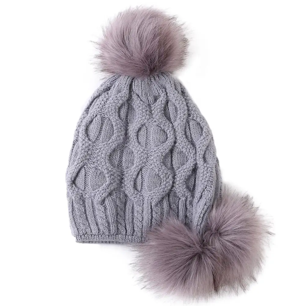 gray Studyset Women Knitted Cap Warm Woolen Hat with Plush Fuzzy Balls for Autumn Winter knitted cap woolen yarn - Color: gray