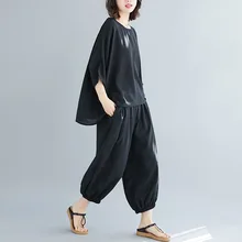 Большой размер, одноцветная футболка из полиэстера и хлопка с коротким рукавом, универсальные повседневные штаны-капри, модная одежда из двух предметов