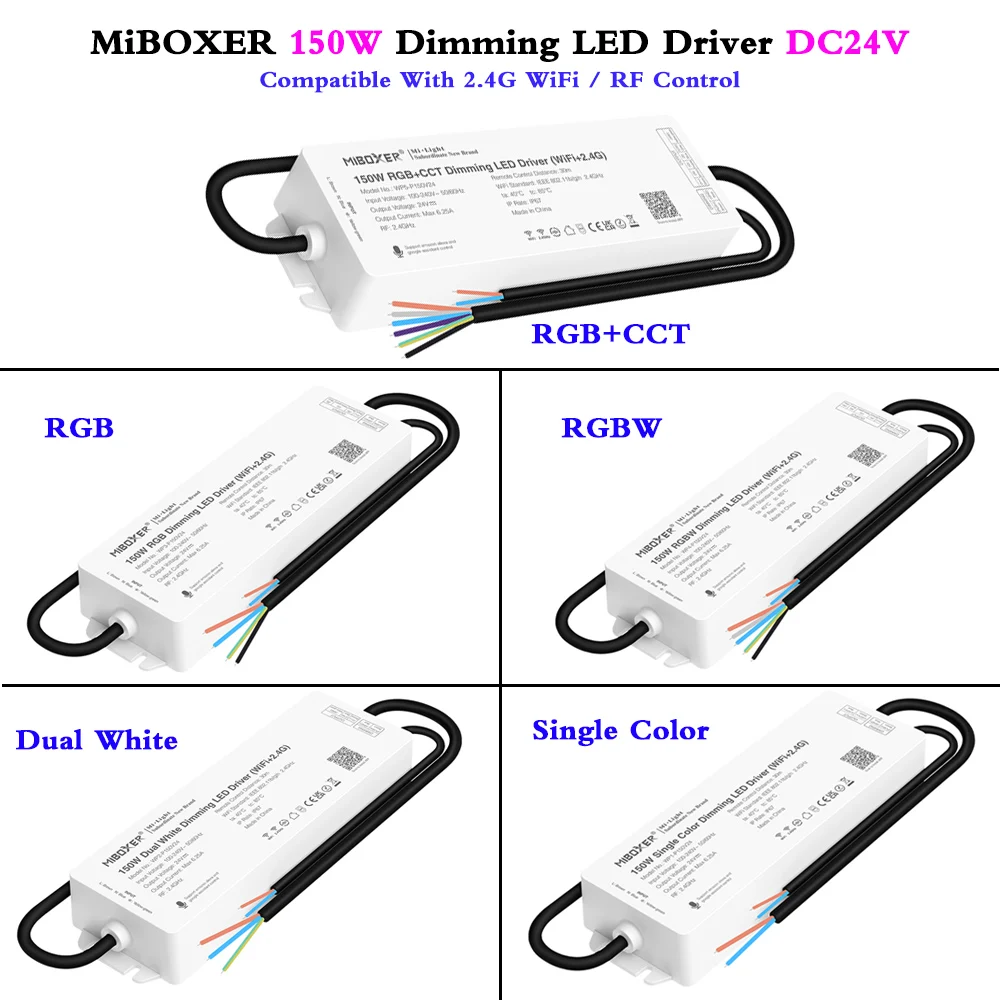 150W Single Color Dual White RGBW RGB + CCT Dimming LED Driver DC24V Power Supply Compatible with 2.4G WiFi Wireless RF Control