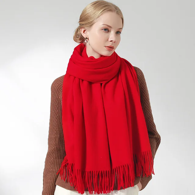 Russia 100% Pure Wool Scarf Women Thicken Warm Echarpe Wraps Ladies Foulard Femme Winter Solid Camel Merino Fine Wool Scarves Red