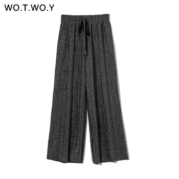 

WOTWOY Shiny Lurex Wide Leg Pants Women Knitted High Waist Loose Pants Women Solid Drawstring Casual Trousers Femme Summer 2020