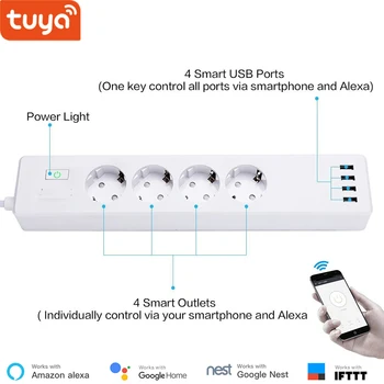 

Tuya smart WIFI power strip EU standard with 4 plug and 4 USB port compatible with Amazon Alexa and Google Nest