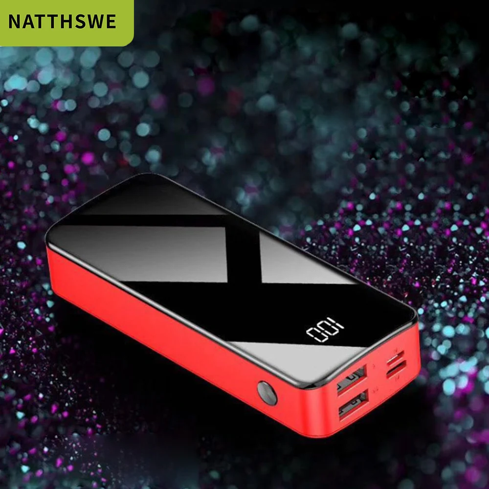 NATTHSWE зеркальный цифровой дисплей 20000 мАч большой емкости мобильный внешний аккумулятор с двумя выходными портами USB Mirco USB и type-c вход