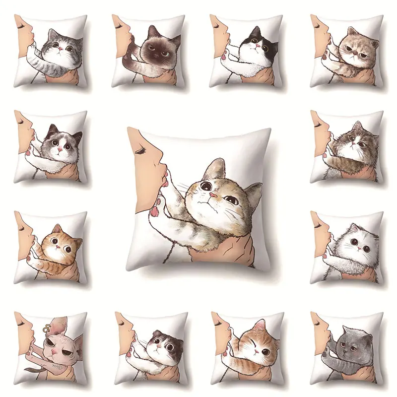 

New Cute Cat Cushion Cover Cartoon Printed Animal Cat Polyester Throw Pillow Case Cover Decor 45*45cm Pillowcases Kussenhoes
