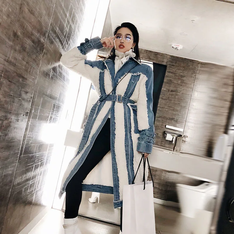 TWOTWINSTYLE Hit Color Patchwork Denim Tassel Trench Coats For Women Lapel Collar High Waist Sashes Windbreakers Autumn New