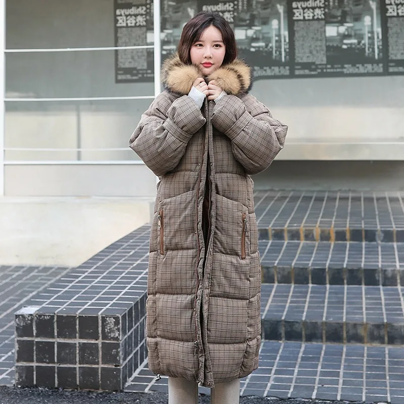 Клетчатое длинное хлопковое пальто для женщин, выше колена, зима, Dongdaemun, одежда с хлопковой подкладкой, плотное пуховое пальто, хлопковая стеганая куртка L