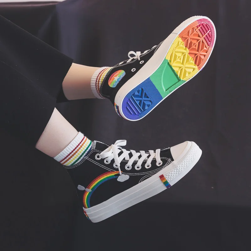 Tanie Moda damska 2020 buty wulkanizowane damskie sneakersy nowe Rainbow Retro brezentowe buty płaskie modne wygodne wysokie buty damskie