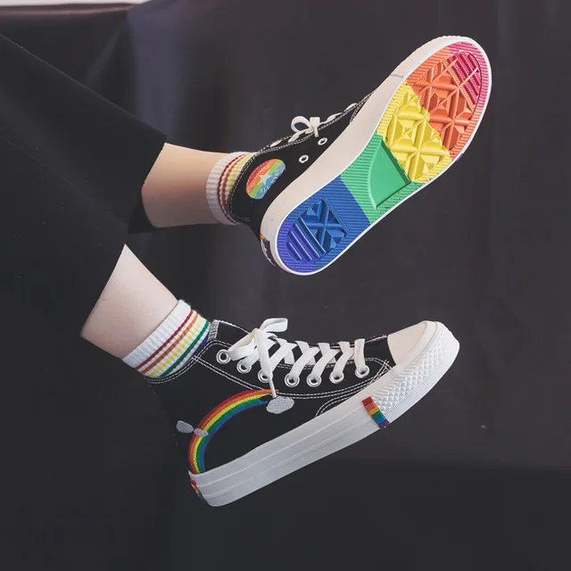 US $16.52 Women's Fashion 2020 Vulcanized Shoes Woman Sneakers New Rainbow Retro Canvas Shoes Flat Fashion Co