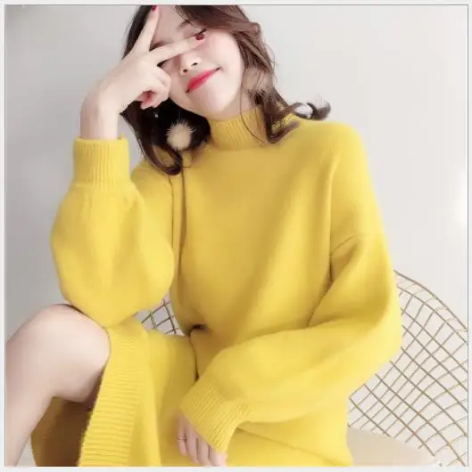 Yellow Модное женское платье-свитер на осень и весну, длинное трикотажное платье, пуловеры для женщин, новинка, свободное трикотажное платье Mujer H310 - Цвет: Yellow