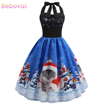 

Bebovizi Women Clothes 2019 Winter Dress Elegant A-Line Christmas Party Dresses Plus Size Snowflake Print Blue Vintage Vestidos