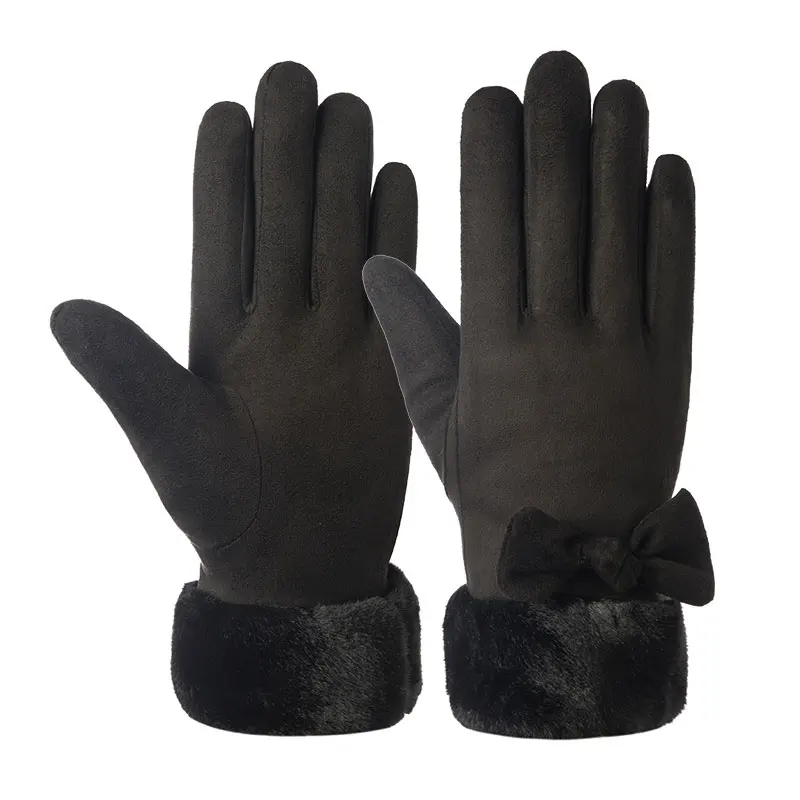 Женские перчатки зимние Утепленные варежки с бантом и сенсорным экраном Элегантные замшевые теплые перчатки с бантом Guantes шерстяные вязаные наручные прекрасные перчатки Luvas - Цвет: Black