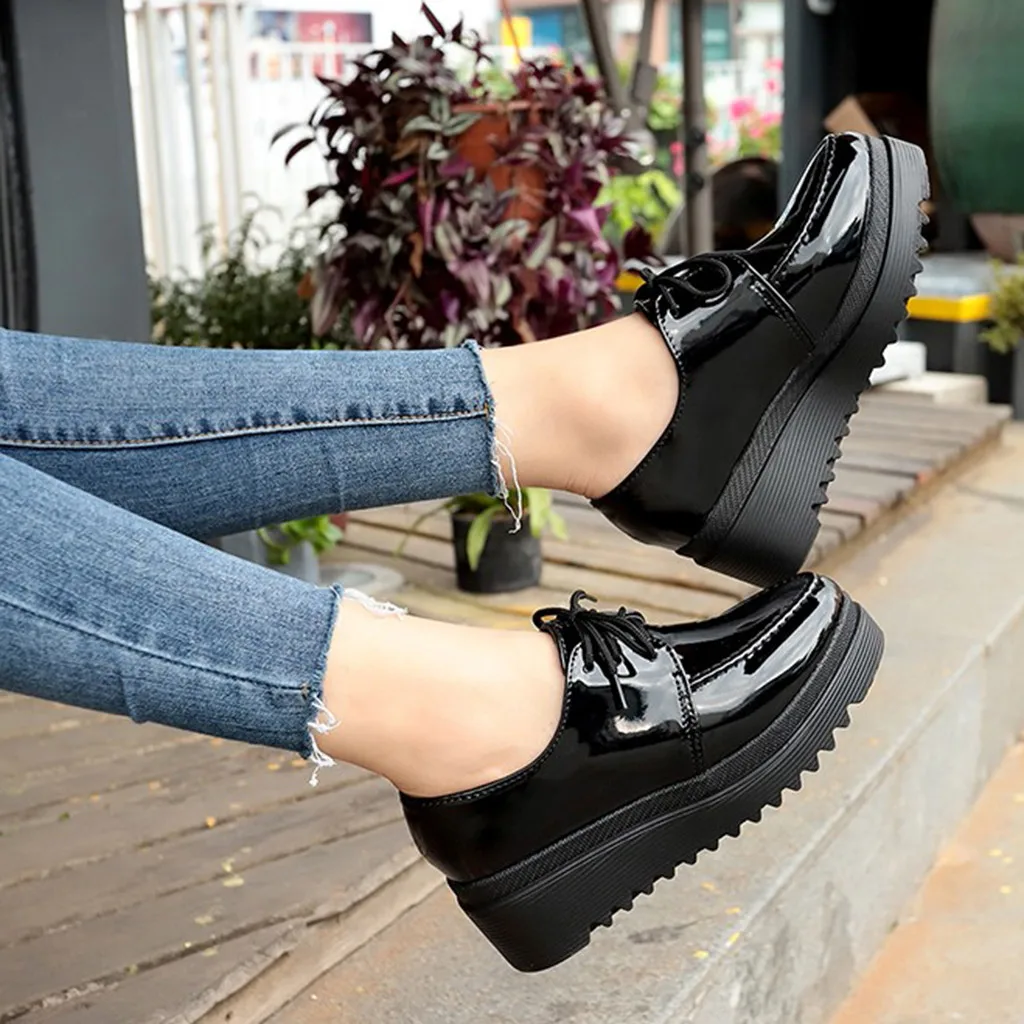 

xiniu shoes woman New Fashion Lace-up Solid oxfords Wedges Platform Round Toe Patent Leather Casual Shoes zapatos de mujer #0803