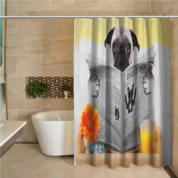 

Pug 3D Printed Shower Curtain Pug Reading Daily Dog Breakfast in Bed Sunday Family Fun Comedic Image Hotel Quality Machine