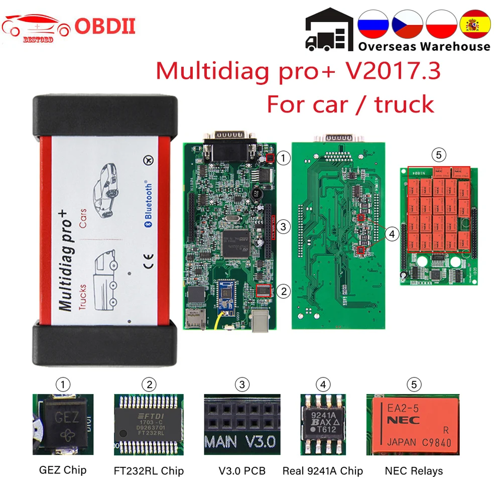 2017 3 TCS Pro Multidiag с V3.0 PCB + реле NEC реальный 9241A Bluetooth OBD OBD2 автомобильные грузовики